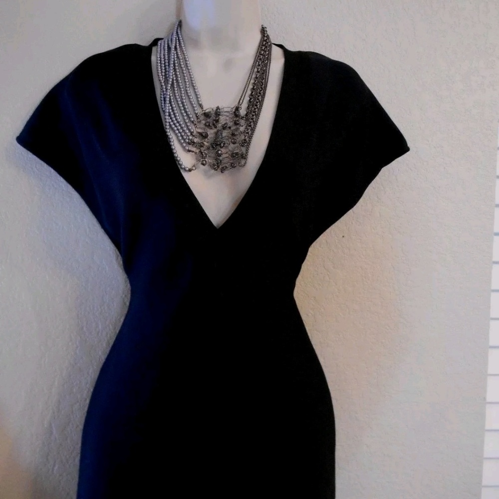 sz L (10-12) Black Deep V Neck Bandage Mini Dress